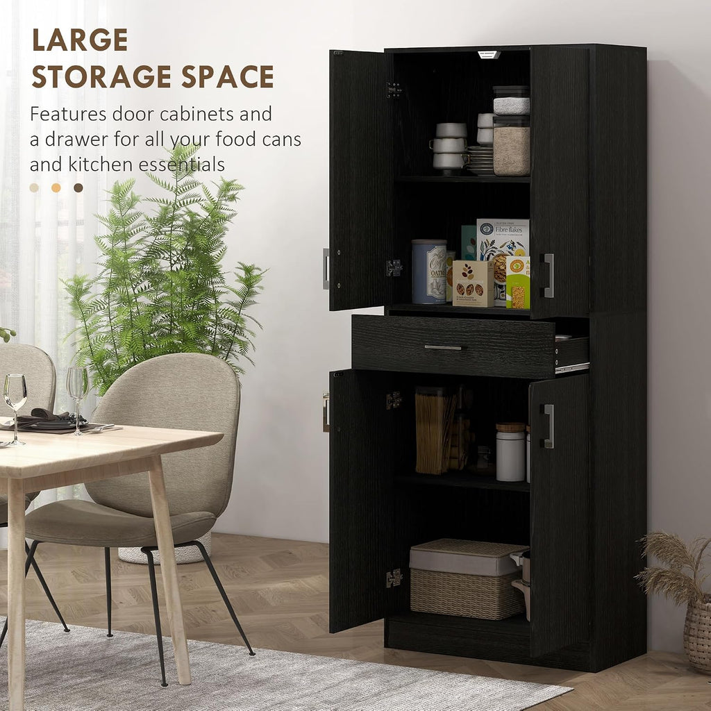 71" Kitchen Pantry, Freestanding Storage Cabinet with Drawer and Adjustable Shelf, 2 Double Door Cupboards, Black, Easy to Maintain, for Dining Room