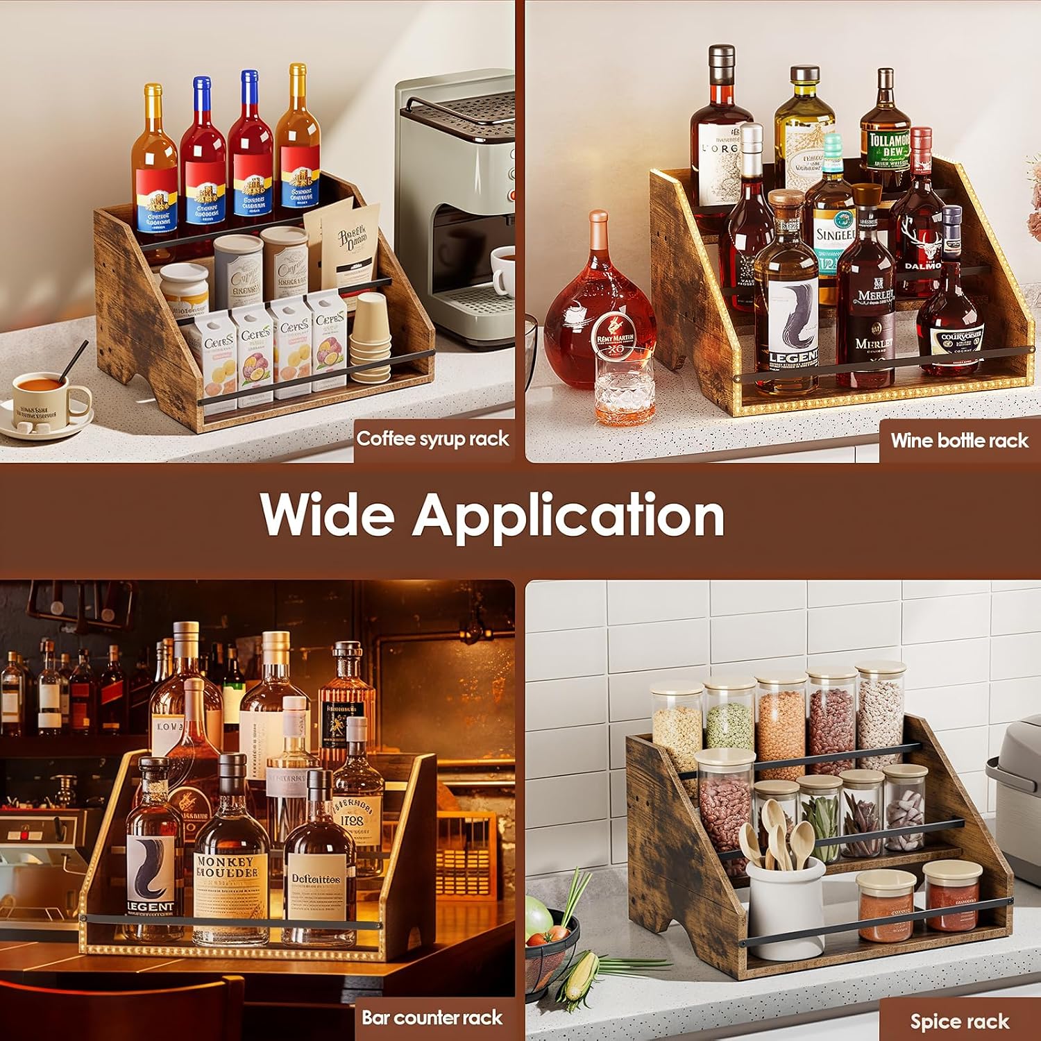 Nuovoware LED Lighted Liquor Bottle Display Shelf, 3 Step Wood Countertop Liquor Rack with Fences & Portable Handles, 12-Bottle Whiskey Rack Liquor Display Retro Wine Rack for Home Bar Party, Brown