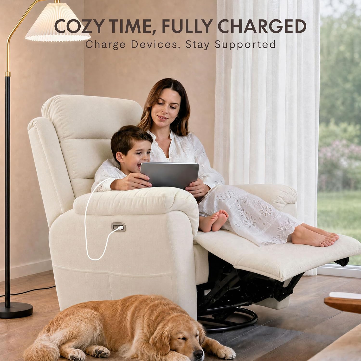 FLEXISPOT Souffle-Pro Swivel Rocker Recliner Chair with Nightlight, Power Nursery Glider Recliner with Massage & Heat, Adjustable Headrest, Oeko-TEX Fabric, Ideal for Nursery & Home Relaxation, Cream