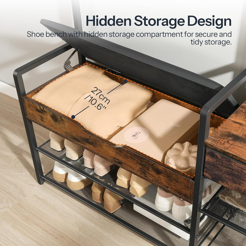 HOOBRO Hall Tree with Bench, Shoe and Coat Rack for Entryway, Coat Rack with Bench, Flip Top Storage Box, PU Cushioned Seat, Non-Woven Fabric Drawer, for Entrance, Rustic Brown and Black BF110MT01