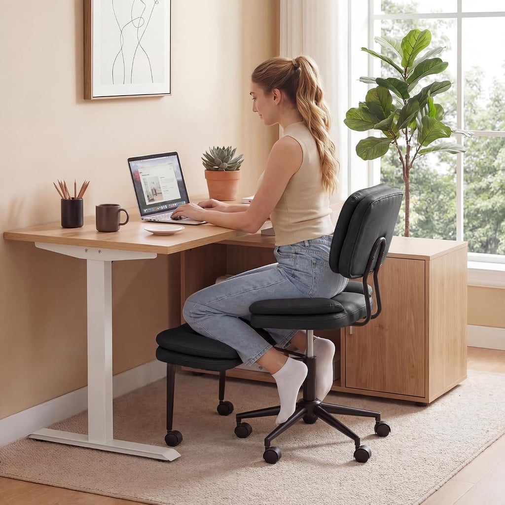 COSIEST Cross Legged Office Chair with Wheels, Ergonomic Kneeling Chair for Adults, Criss Cross Chair with Wide Seat, Comfortable Home Office Desk Chair, 360° Swivel Adjustable Height, Black