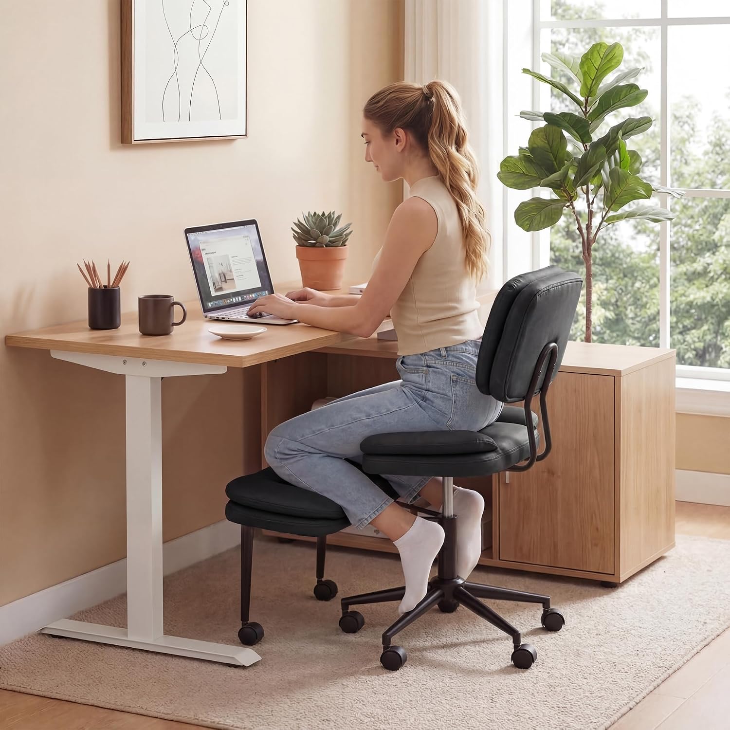 COSIEST Cross Legged Office Chair with Wheels, Ergonomic Kneeling Chair for Adults, Criss Cross Chair with Wide Seat, Comfortable Home Office Desk Chair, 360° Swivel Adjustable Height, Black
