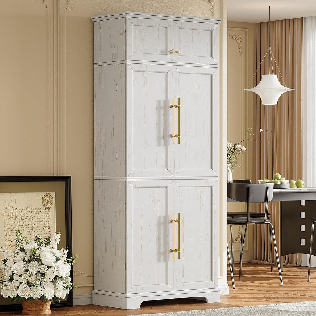 78.2" Tall Farmhouse Kitchen Pantry Cabinet with 8 Door Shelves,Storage Cupboard with 4 Adjustable Shelves,Hidden Drawer,Wine Rack,for Dining & Bathroom (White-G)
