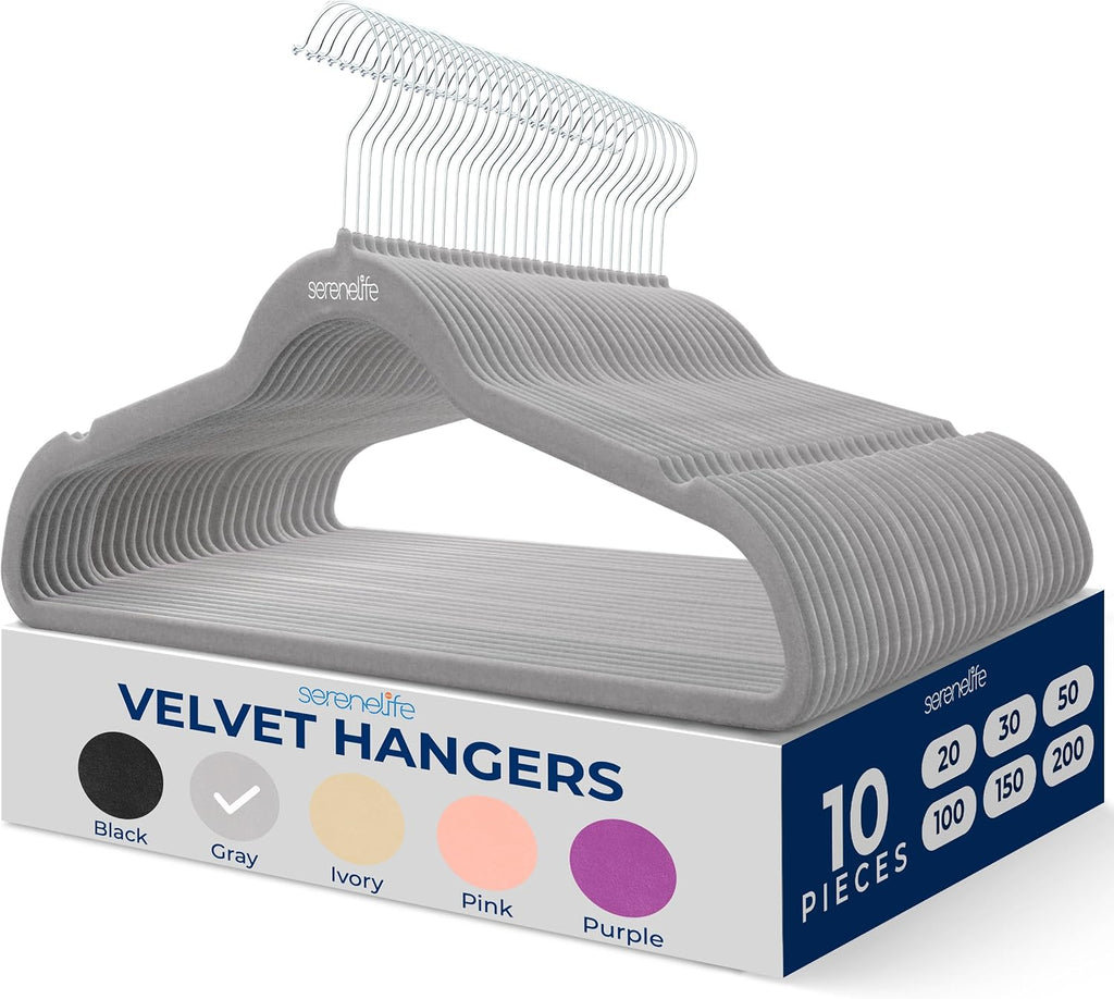 SereneLife Velvet Hangers – 10 Pack, Slim & Space Saving for Closets | Soft velvet grip prevents slipping on silk, satin & knitwear – 360° swivel hook fits all standard closet rods