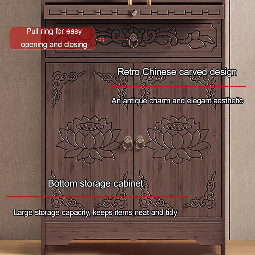 Meditation Table with Storage, Bamboo Buddhist Altar Cabinet, Personal Shrine Altar Table, Chinese Pooja Prayer Cabinet, for Living Room, Bedroom, Office(70cm/27.5in)