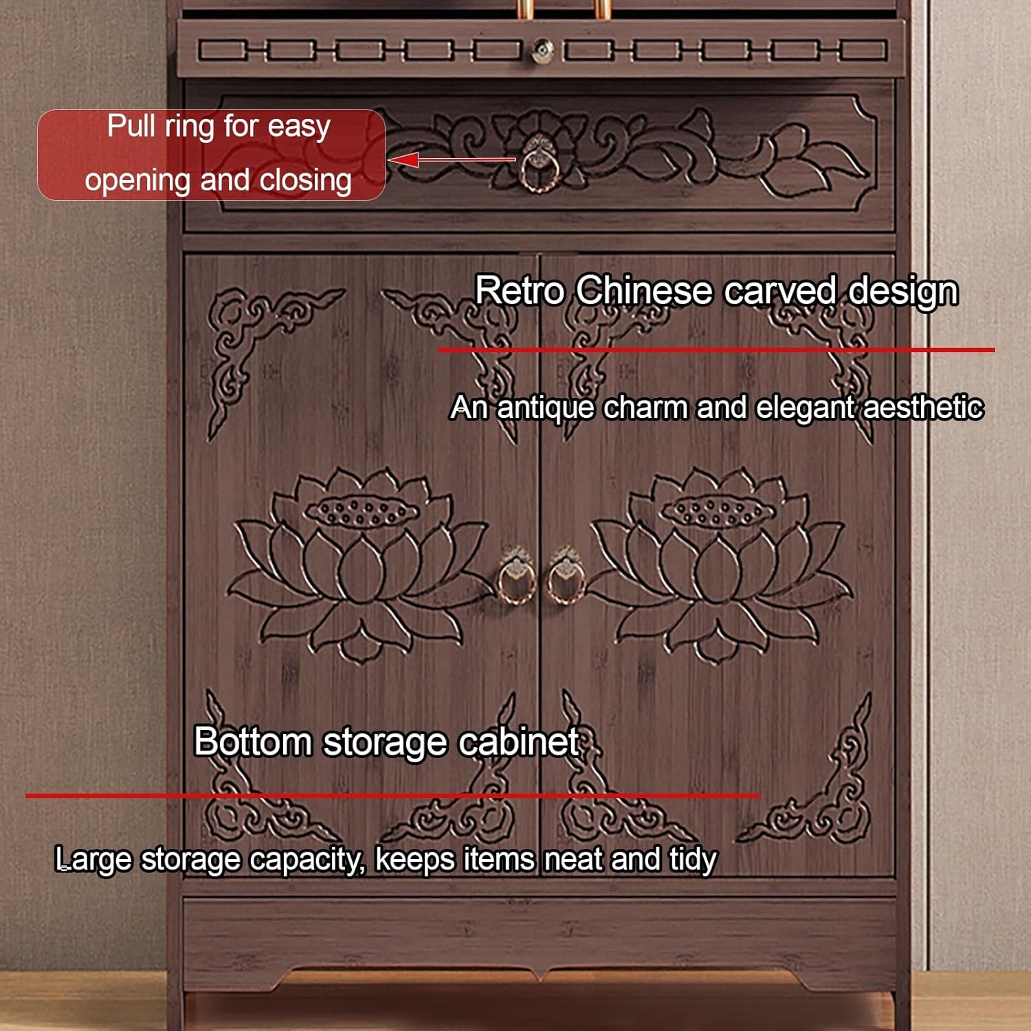 Meditation Table with Storage, Bamboo Buddhist Altar Cabinet, Personal Shrine Altar Table, Chinese Pooja Prayer Cabinet, for Living Room, Bedroom, Office(70cm/27.5in)