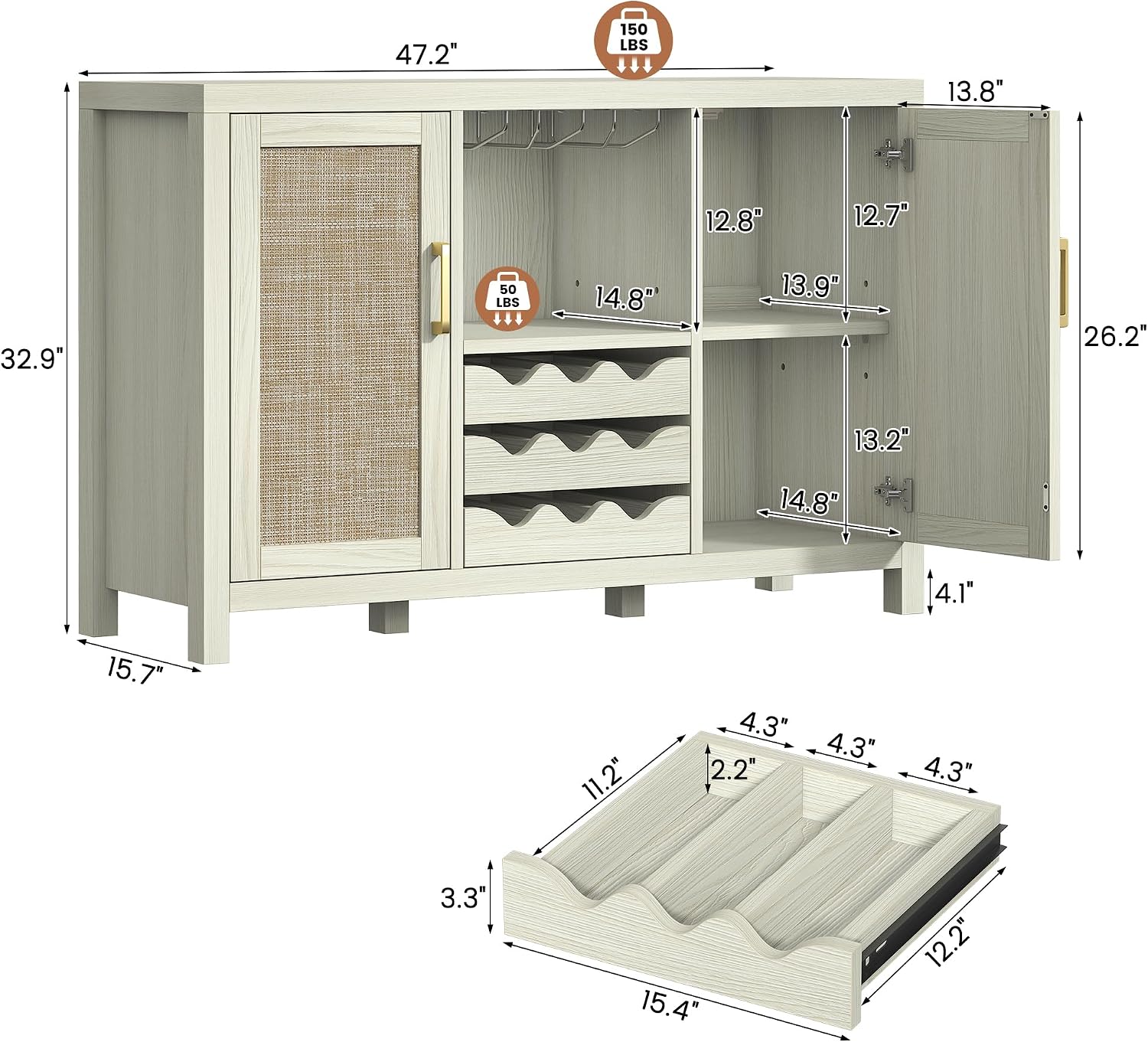 Rattan Wine Bar Cabinet, Boho Rattan Home Bar with Glass Holder and Drawer Style Racks, Oak Sideboard Buffet Storage Cabinet for Living Dining Room Kitchen (White Oak)