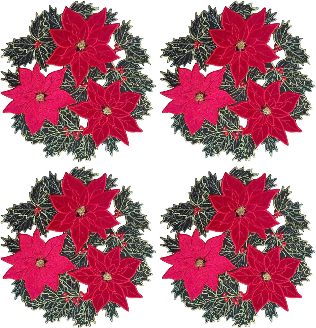 GRANDDECO Christmas Holiday Poinsettia Placemats Set of 4 for Farmhouse Parties Embroidered Christmas Flower Dresser Scarves Xmas Home Kitchen Dinner Table (14" Placemats Set of 4, Christmas Flower)