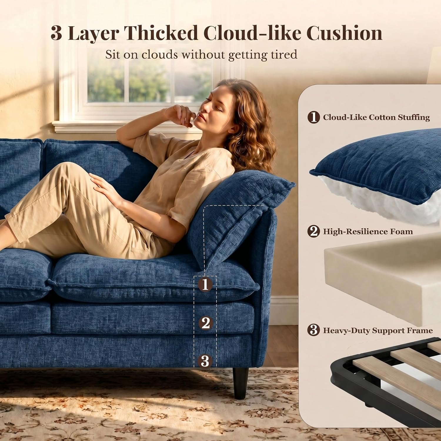 69 Inch Small Sofa, 3-Seater Loveseat Couch with Cloud 2 Layer Cushion, 22.8" Deep Seat, Oversized Pillows, Chenille Fabric, Compact for Small Spaces,Apartment, Living Room, Studio, Office, Blue
