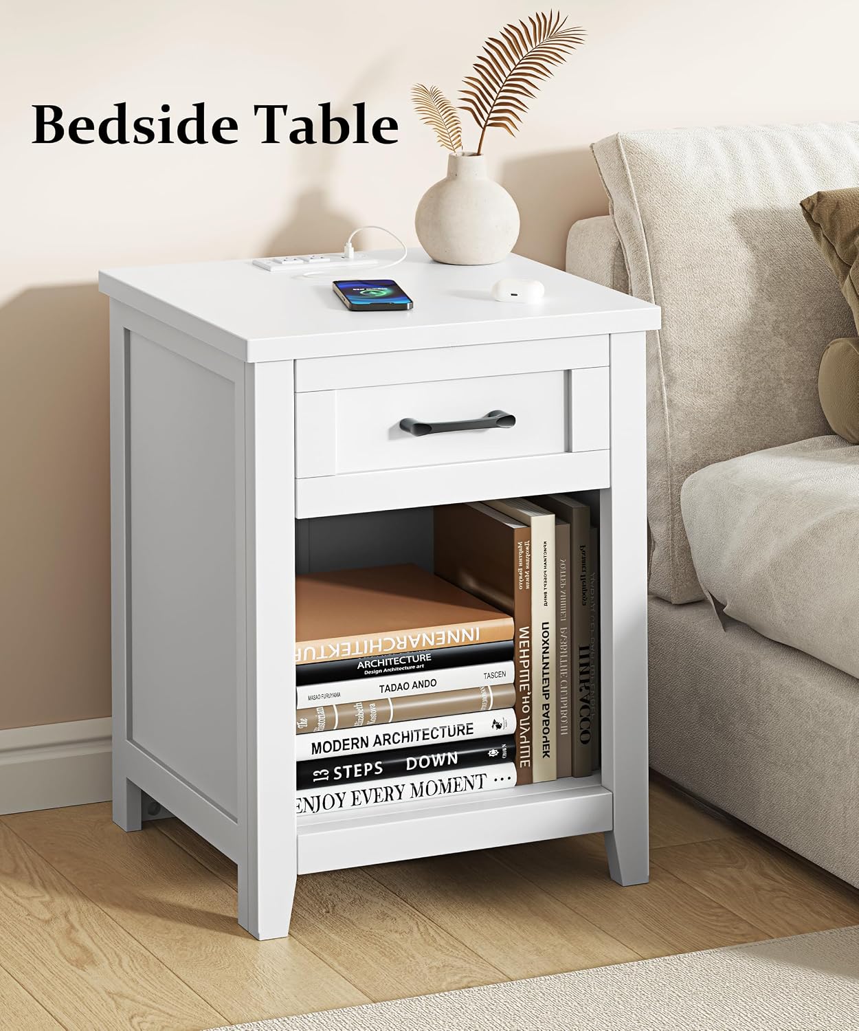 Decofy Farmhouse Nightstand with Charging Station & Large Storage, Set of 2 Modern End Tables with Outlets, USB Ports and Type-C Ports, Easy Assembly for Bedroom (Pure White)