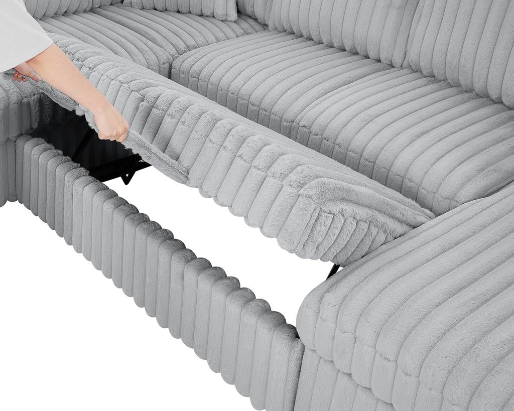 122" Oversized Sectional Sleeper Sofa with PullOut Bed - Gifts for Men Women,U Shape Sectional Couch with Storage Chaise Lounge for Apartment,6 Seat Corduroy Sofa with USB Port-Gray