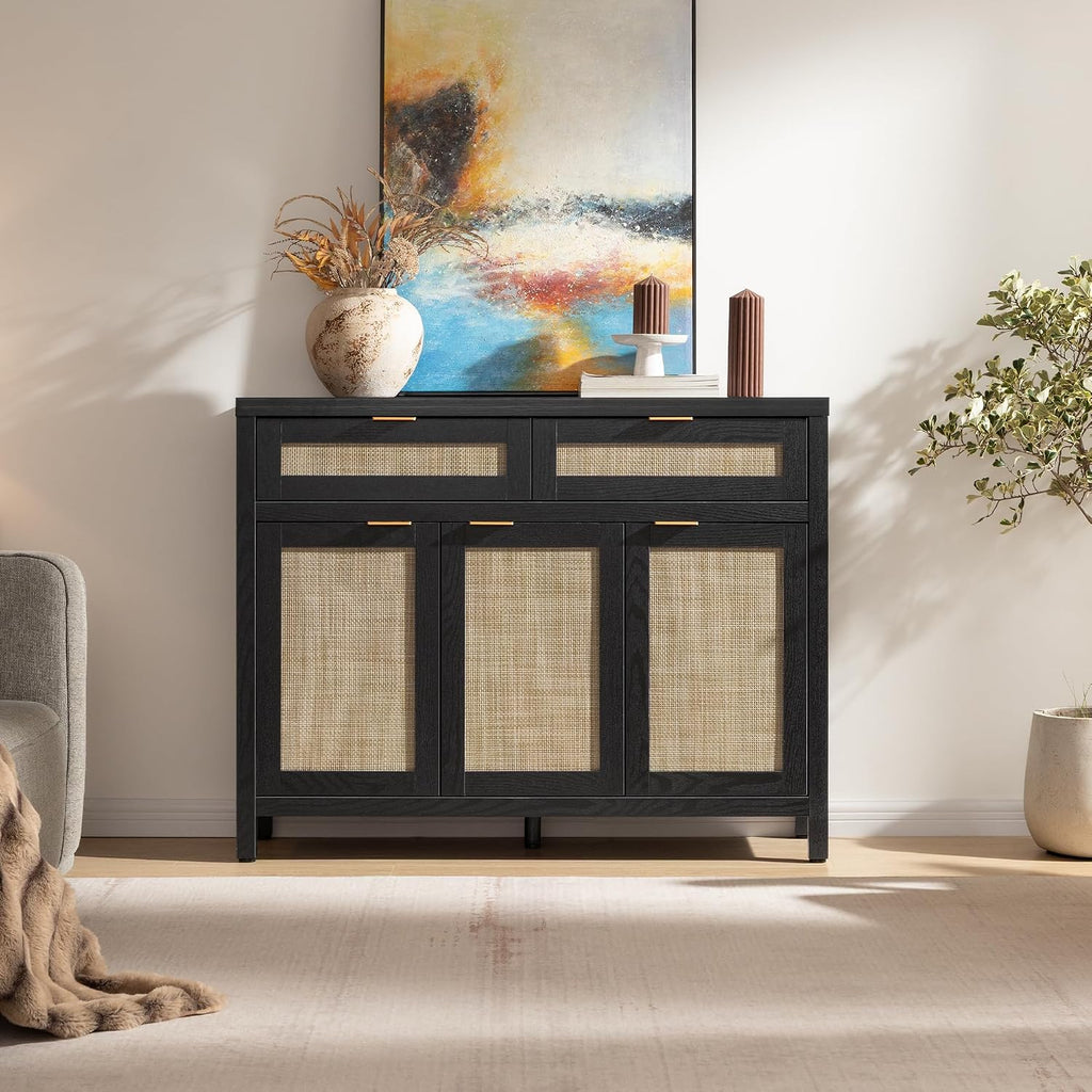 SICOTAS Rattan Sideboard Buffet Cabinet with Storage, Boho Credenza Accent Cabinet with 3 Doors and 2 Drawers, Farmhouse Console Coffee Bar Cabinets for Living Room Kitchen Entryway, Black Oak, 2 PCS
