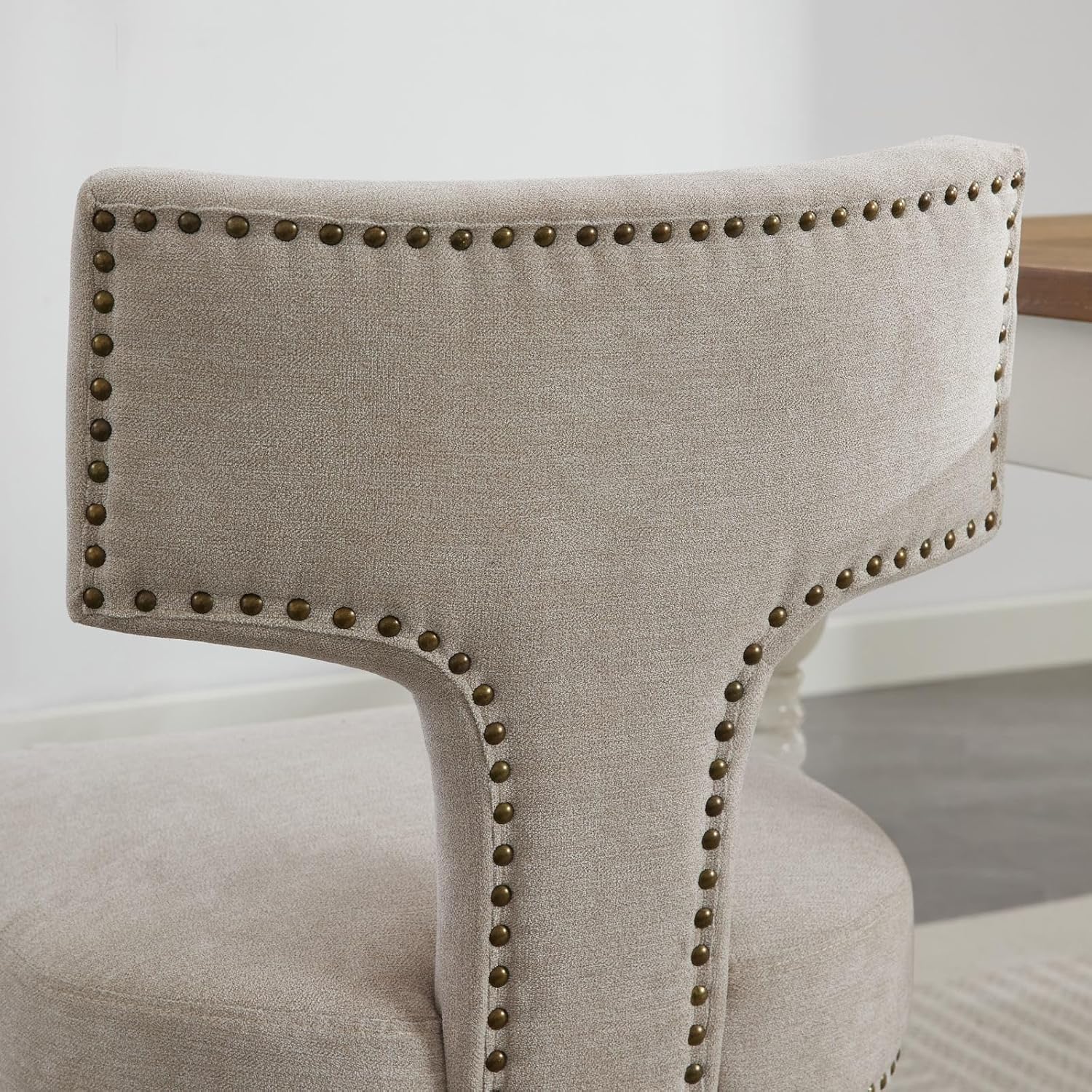 SoarFlash Modern Wooden Dining Chairs Set of 6, Farmhouse Linen Fabric Upholstered Accent Chair Curved Backrest with Copper Nails Around,Kitchen Chairs with Hardwood Frame, Beige