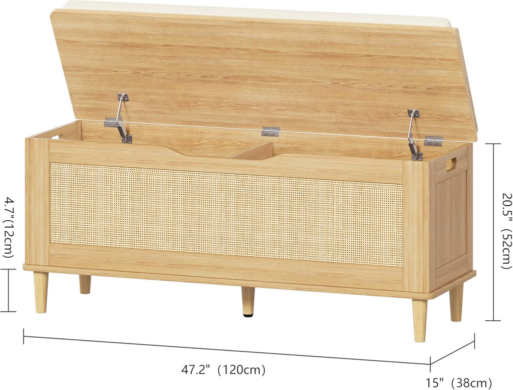 Keehusux 47.2" Rattan Storage Chest with Padded Seat Cushion, Extra Large Storage Bench with 2 Safety Hinges, Storage Trunk with Solid Wood Legs & Rounded Corners for Entryway, Bedroom, Natural Oak