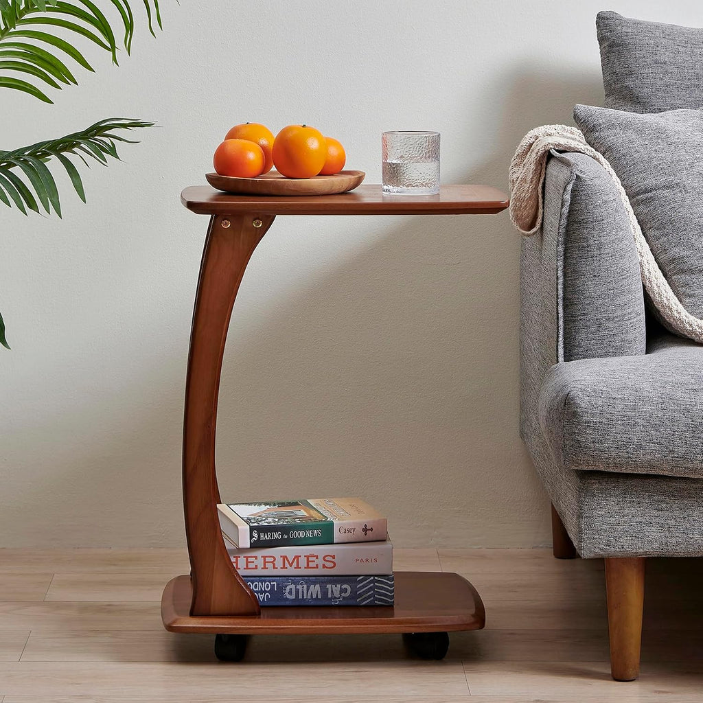 C-Shaped End Table with Wheels,Walnut Color(18.1" Dx13.7 W x24.8 H) | Rolling Side Table,C Table with Wheels,TV Tray Table,Couch Table that Slide Under for Living Room,Bedroom