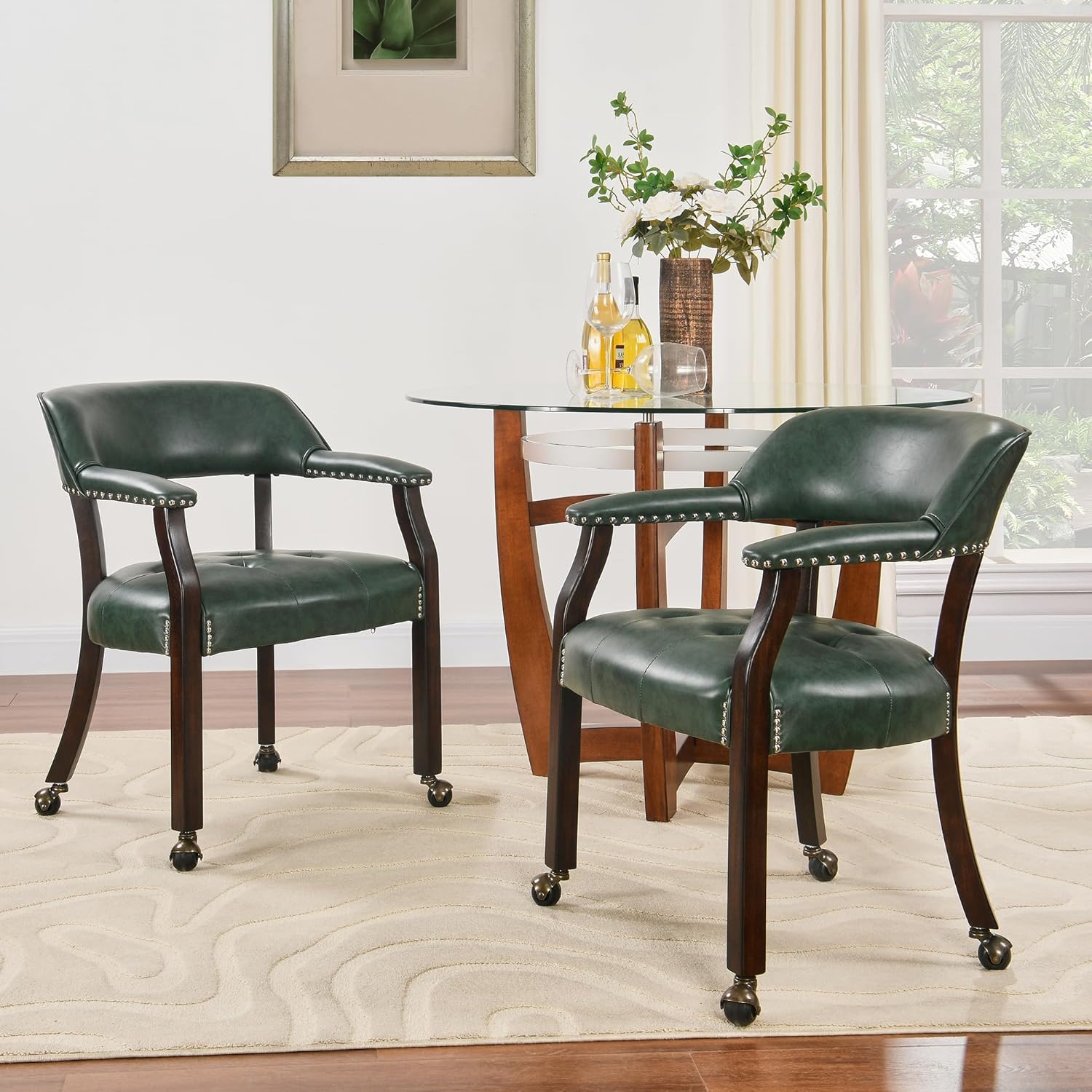 LEEMTORIG Large Dining Chairs with Casters and Arms, Rolling Dining Chairs with Wheels, Game Poker Table Chairs, Boss Caption's Chairs, 26"D x 25.2"W x 31.5"H, Espresso Legs & Green PU, XXY-1910-GN