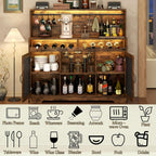 Loomie Wine Bar Cabinet with LED Light, Liquor Cabinet with Glass Holder, Coffee Bar for Liquor, Storage Buffet with Wine Racks, Wine Cabinet with Mesh Door (Rustic)