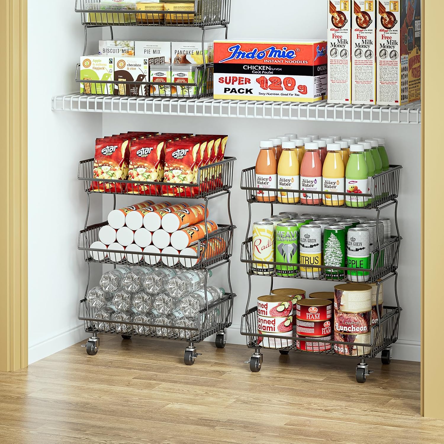 OKZEST Pantry Organizers and Storage Cart with Upgraded Metal Hub Casters | Fits under pantry shelf, stackable fine-mesh wire baskets, 3-tier rolling cart holds drink, snack, can, potato, onion, fruit