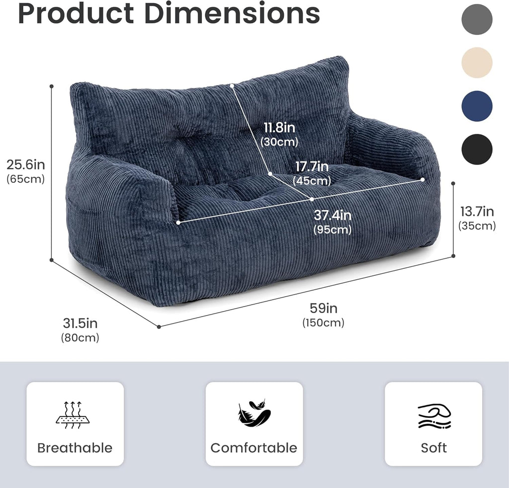Pamapic 59" Bean Bag Chair,2 Seat Loveseat Sofa,Ultra Soft Dutch Velvet,Fluffy Comfort Washable Cover,Corduroy Lazy Sofa Bed for Adults,Fit Living Room, Bedroom,Outdoor Spaces,72h Rebound,Blue