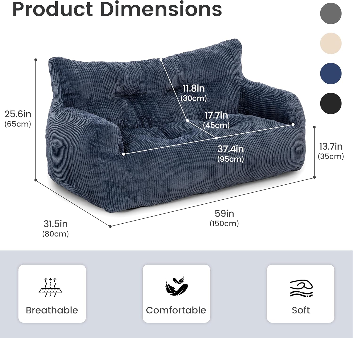 Pamapic 59" Bean Bag Chair,2 Seat Loveseat Sofa,Ultra Soft Dutch Velvet,Fluffy Comfort Washable Cover,Corduroy Lazy Sofa Bed for Adults,Fit Living Room, Bedroom,Outdoor Spaces,72h Rebound,Blue
