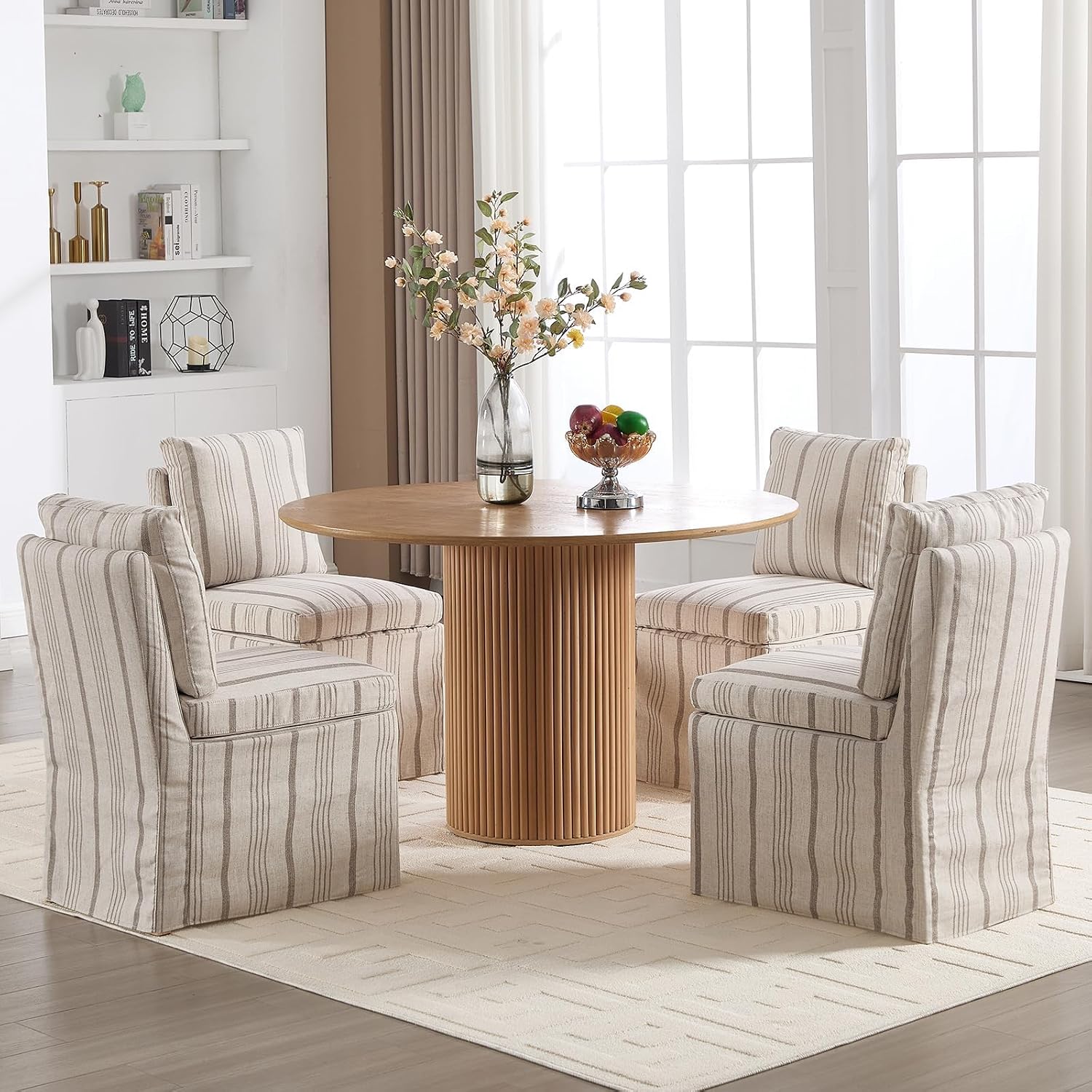 Upholstered Dining Chairs Set of 2 Slipcovered Armless Dining Chair with Solid Wood Legs, Soft Padded Upholstered Side Chair for Dining/Living/Readin Room, Banquet, Khaki Stripe