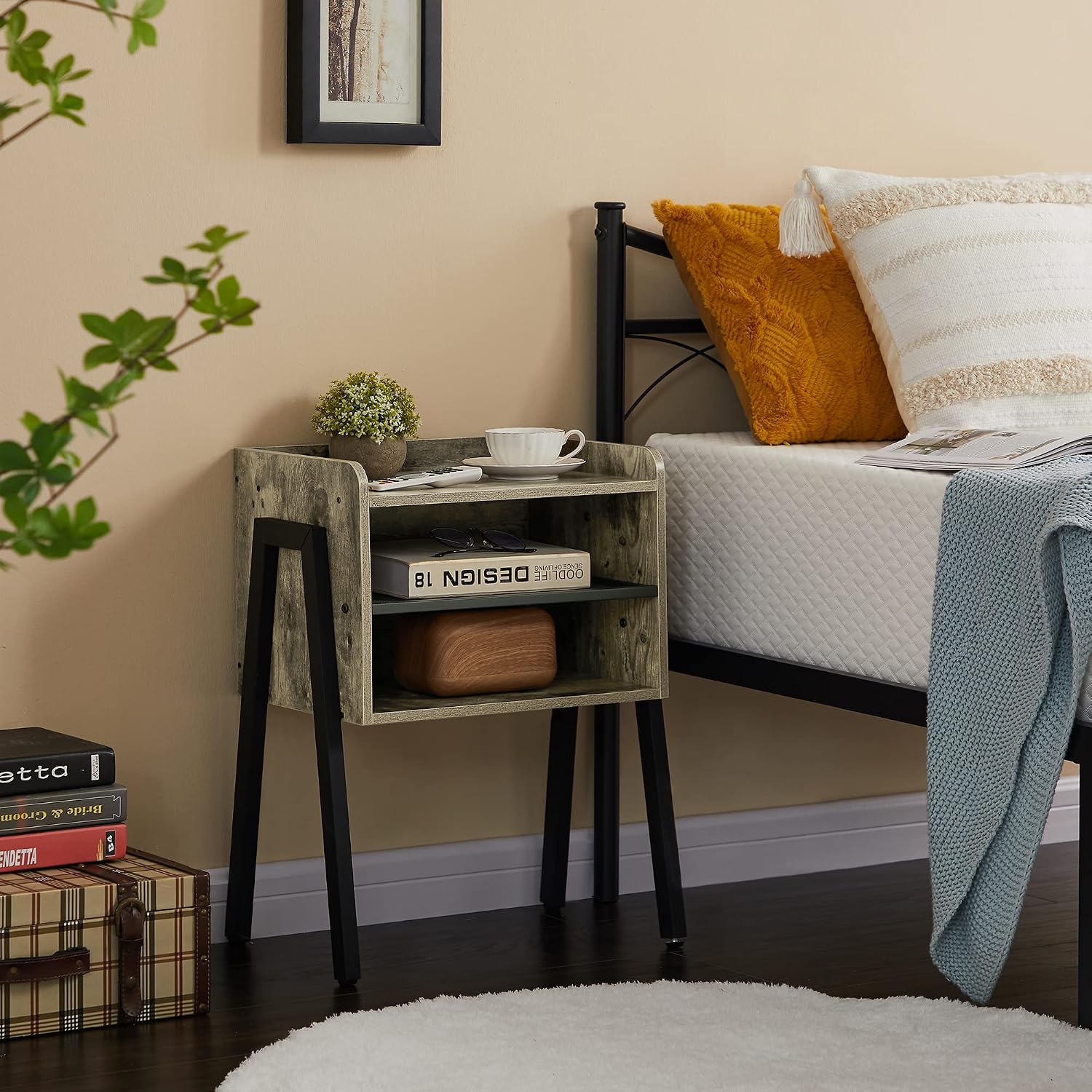 VECELO Night Stand Industrial End Table,Stackable Accent Furniture Bedside Table with 2-Tier Open Storage Space Side Table Nightstands for Bedroom, Living Room