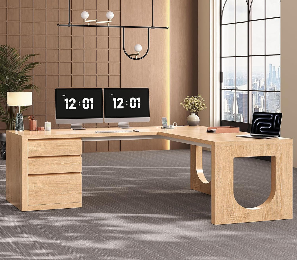 SEDETA 63" L Shaped Desk with 3 Drawers, Modern Executive Office Desk with File Drawer, Wood Corner Computer Desk with Relief Texture, Home Office Desk with Power Outlet, Natural