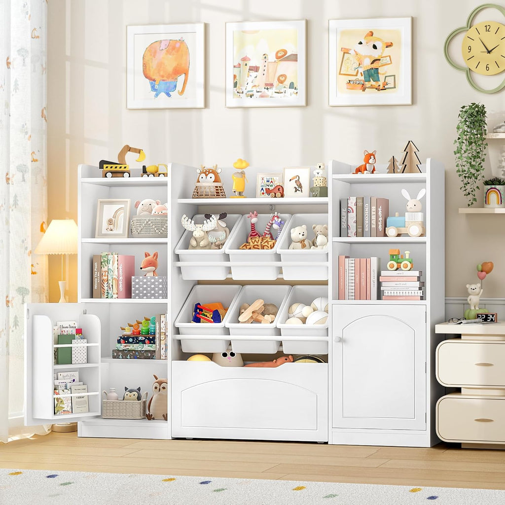 FINETONES 55” Toy Storage Organizer with 6 Toy Bins, 5-in-1 Large Kids Bookshelf with Movable Chests and 2-Tier Shelf Door, Toy Organizers and Storage Playroom Storage with Drawer, White