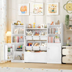 FINETONES 55” Toy Storage Organizer with 6 Toy Bins, 5-in-1 Large Kids Bookshelf with Movable Chests and 2-Tier Shelf Door, Toy Organizers and Storage Playroom Storage with Drawer, White