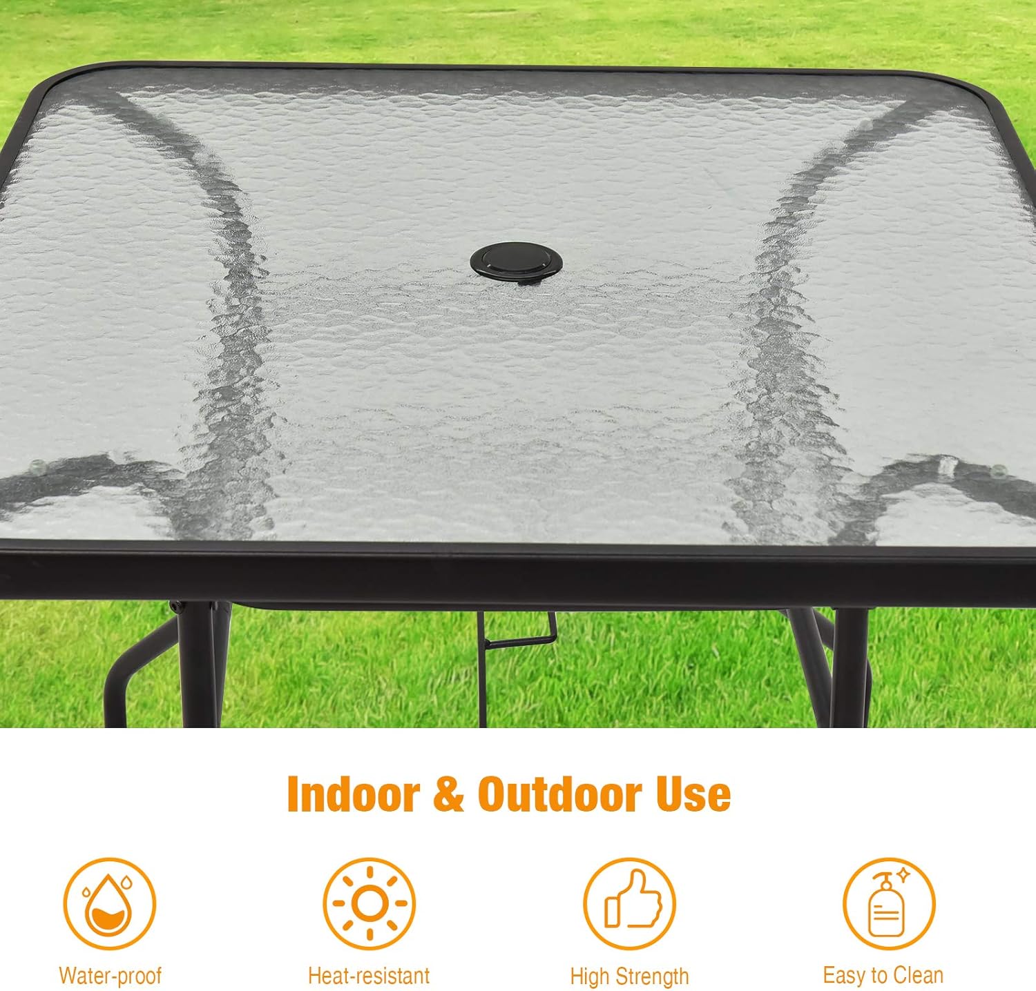Tangkula 32" Square Outdoor Dining Table with Tempered Glass Top, Outside Bistro Table with 2" Umbrella Hole & Metal Frame, Patio Dining Table for Backyard, Lawn, Deck & Poolside