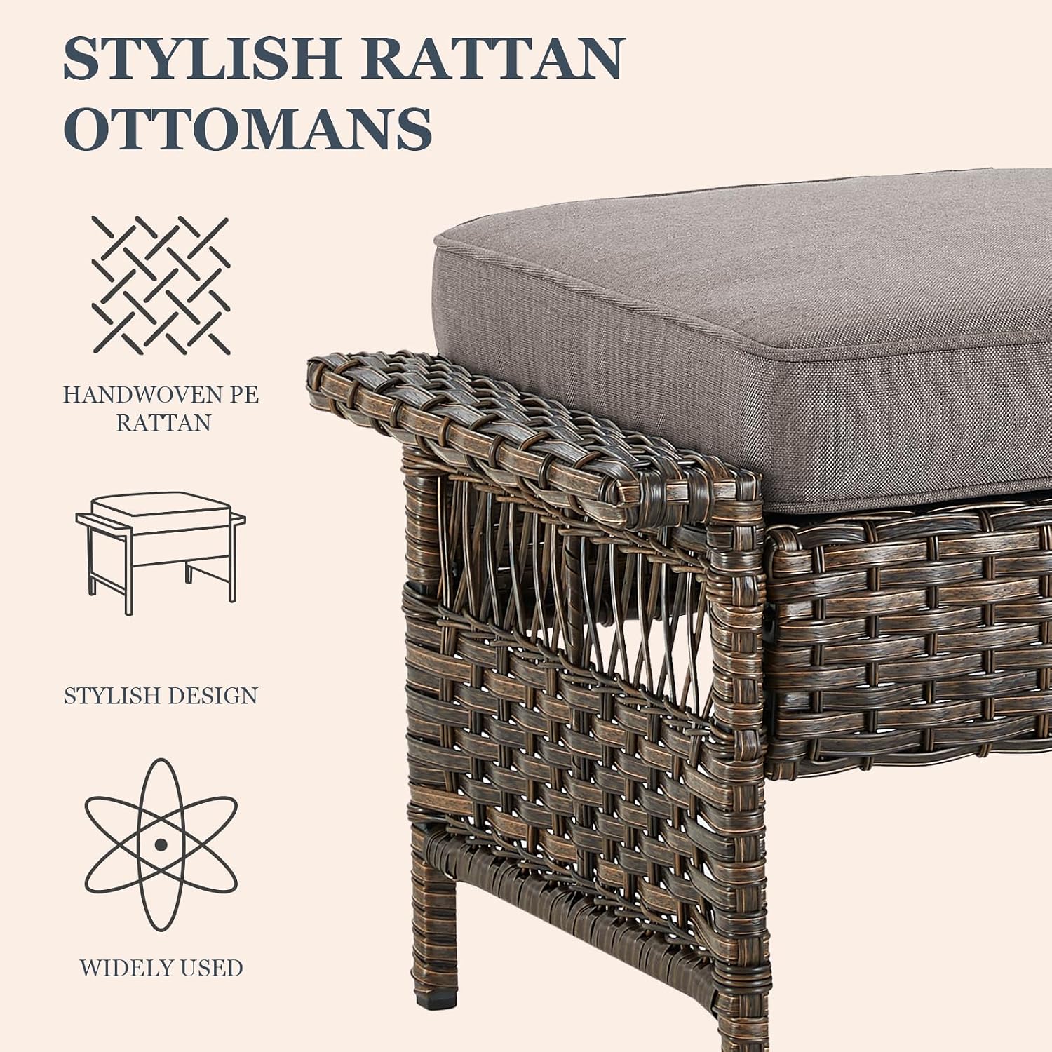 Patio Ottomans 2 Piece Outdoor Wicker Ottomans PE Rattan Footrest with Thickened Cushions Footstools for Garden Sunroom Deck Porch Balcony Poolside, Ottomans(2PCS), Brown|Grey