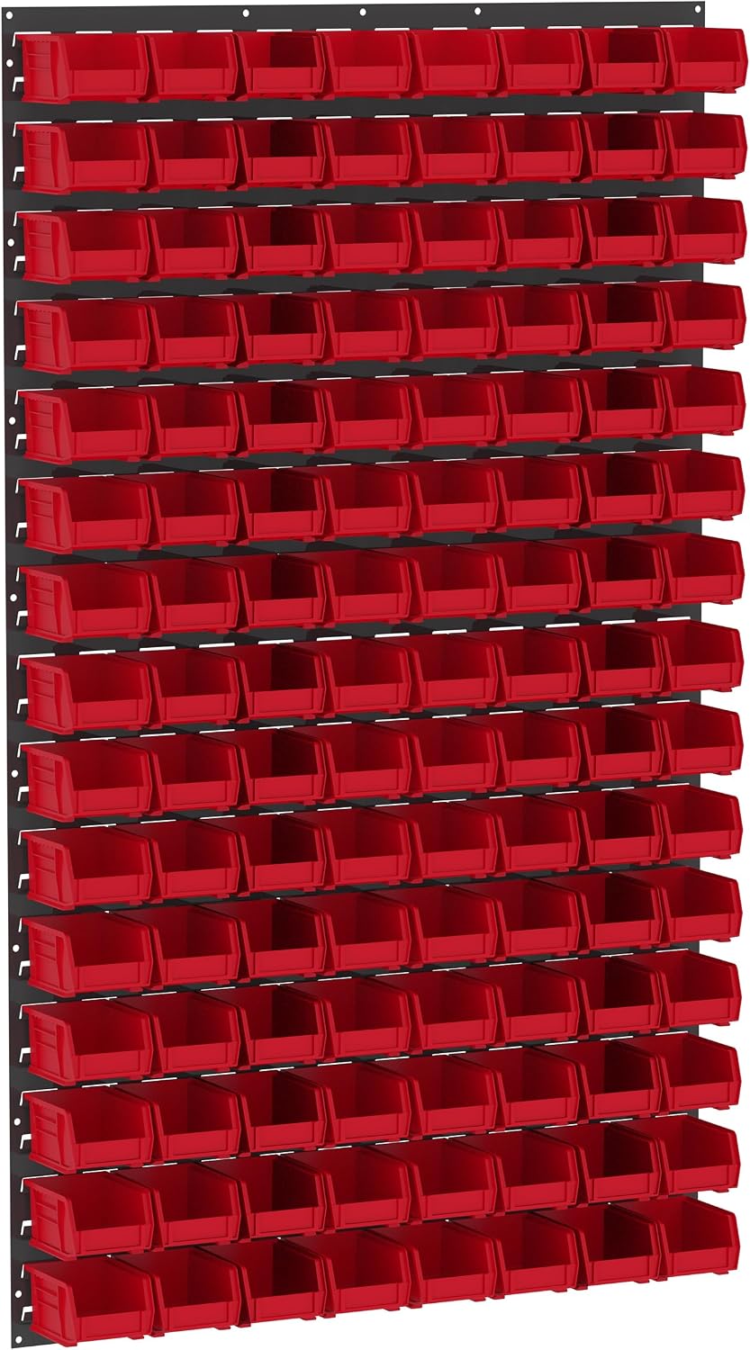 Akro-Mils 30161: Wall Mount Storage Panel, 36x61, Grey & 30210 AkroBins, 5x4x3, Red, 24-Pack