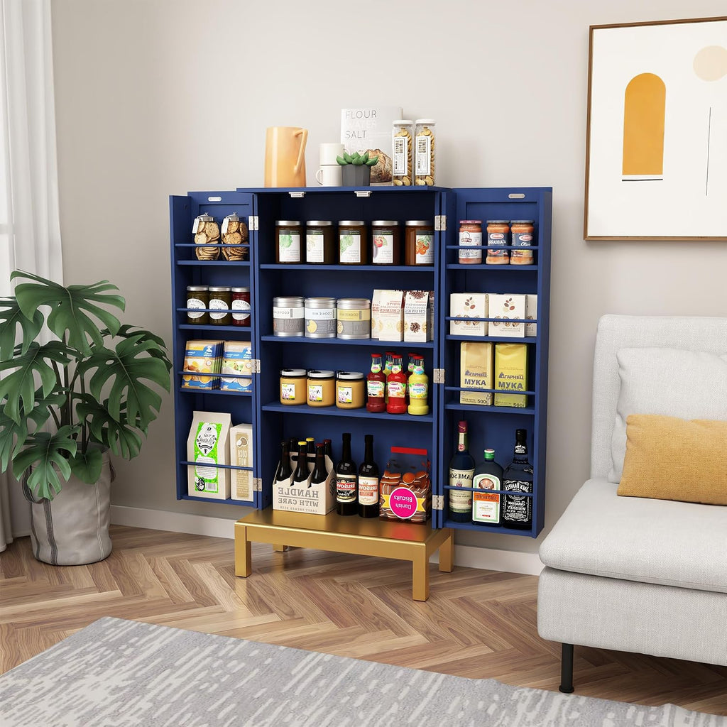 HOLTICO 45'' Kitchen Pantry Cabinet,Storage Cabinet with Doors and Adjustable Shelves,Food Pantry for Kitchen, Dining Room,Living Room and Garage,Gold Lines and Legs, Blue