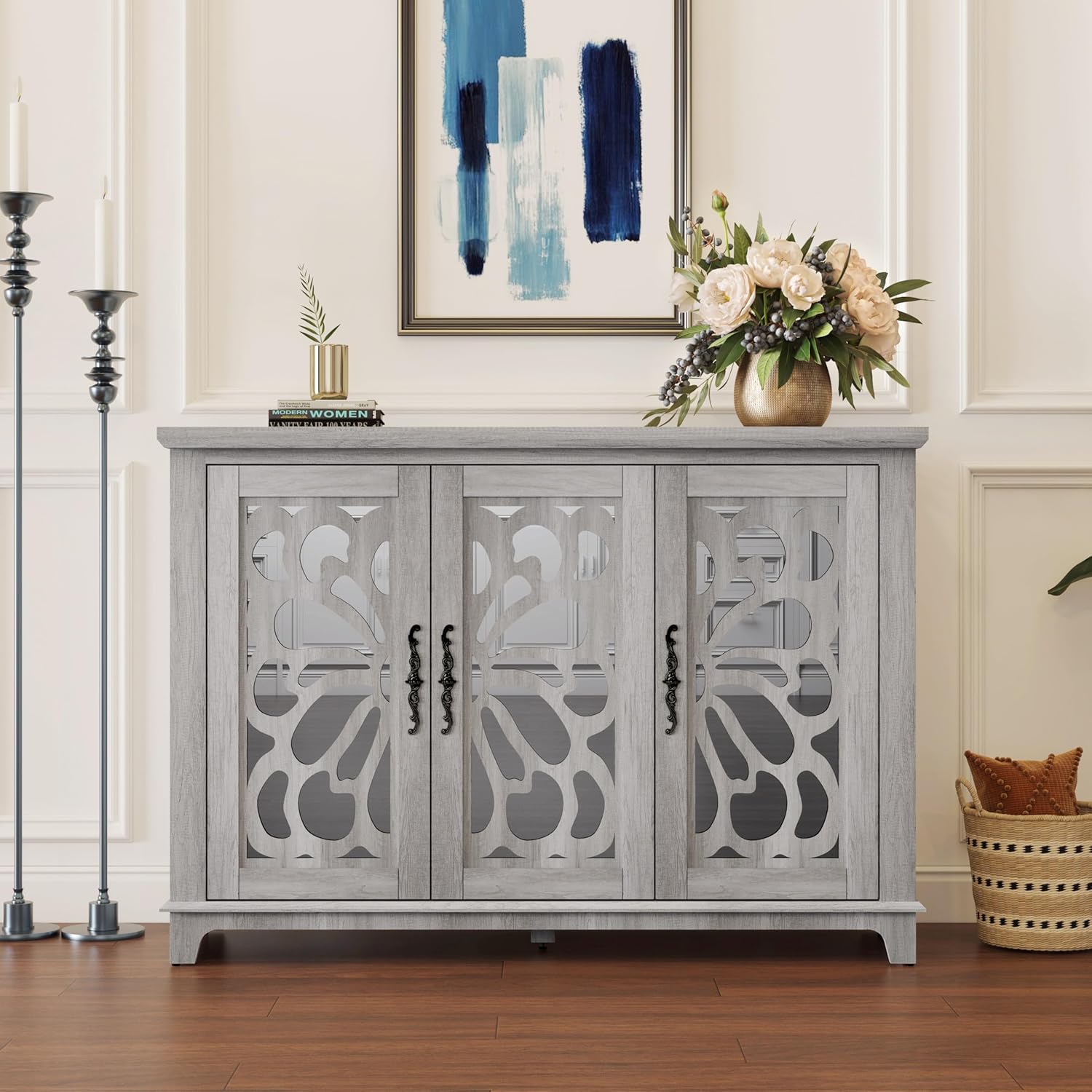 GDFStudio 49" Modern Buffet Sideboard Cabinet, Storage Cabinet with 3 Acrylic Mirrored Doors, Freestanding Credenza Buffet for Living Room Dining Room Kitchen, Large Countertop Coffee Bar, Light Gray