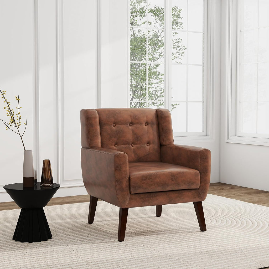 Faux Leather Accent Chair, Morden Upholstered Armchair for Living Room, Button Tufted Arm Chair Comfy Single Sofa Bedroom Side Reading Seat - Coffee