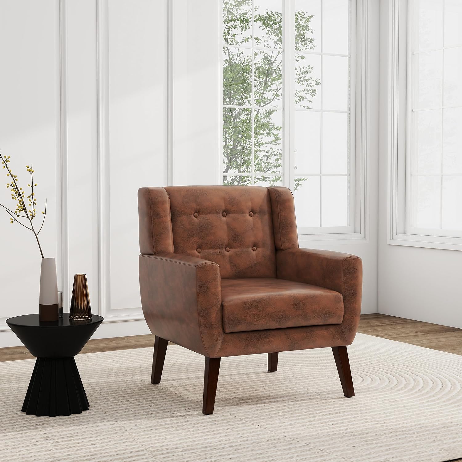Faux Leather Accent Chair, Morden Upholstered Armchair for Living Room, Button Tufted Arm Chair Comfy Single Sofa Bedroom Side Reading Seat - Coffee