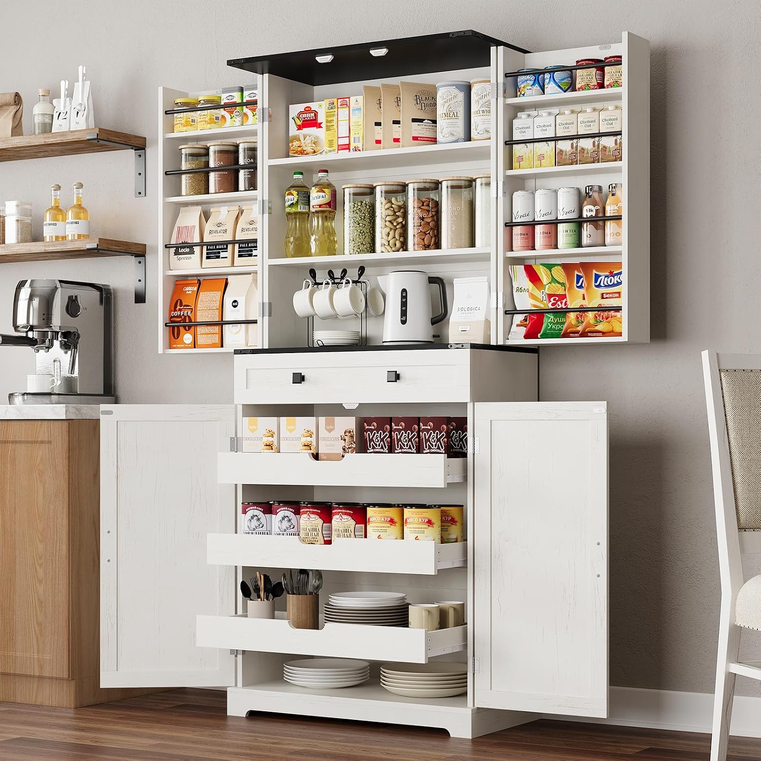 72" Kitchen Pantry Cabinet, Pantry Storage Cabinet with 8 Door Shelves and 3 Pull Out Shelves, Tall Pantry Cabinet with Adjustable Shelf and Large Drawer, Farmhouse Food Kitchen Hutch, For Dining Room