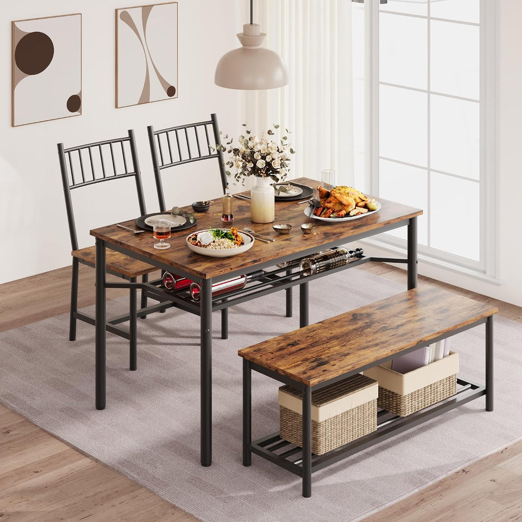 Garvee Dining Table Set for 4 with Bench and Chairs, 4-Piece Kitchen Table Set with Storage – Space-Saving Dining Table for Apartments and Dining Rooms, Brown