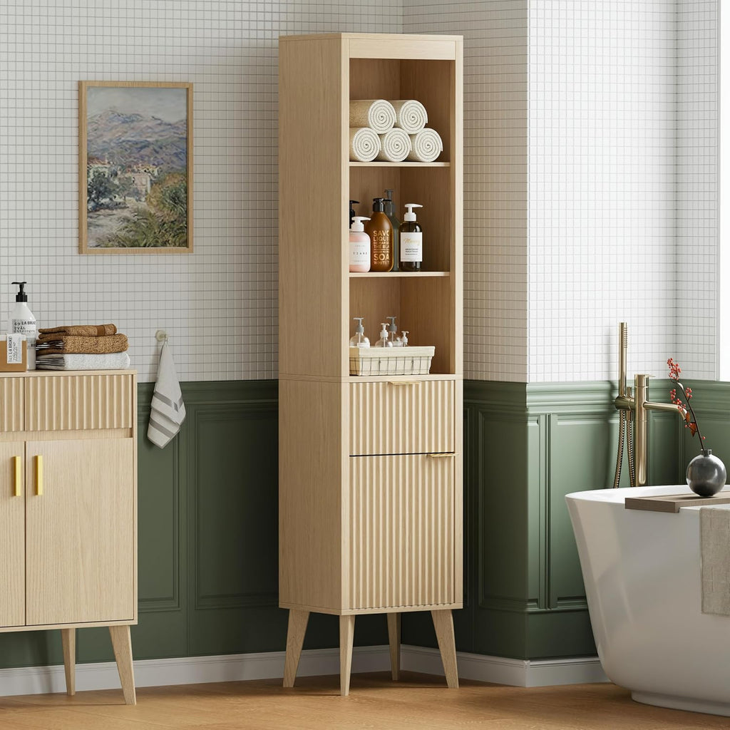 70" H Tall Storage Cabinet, Fluted Freestanding Floor Organizer for Bathroom, Kitchen Pantry, Utility Room, w/Drawer & Adjustable Shelves, Modern Accent in Natural Wood