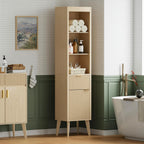 70" H Tall Storage Cabinet, Fluted Freestanding Floor Organizer for Bathroom, Kitchen Pantry, Utility Room, w/Drawer & Adjustable Shelves, Modern Accent in Natural Wood