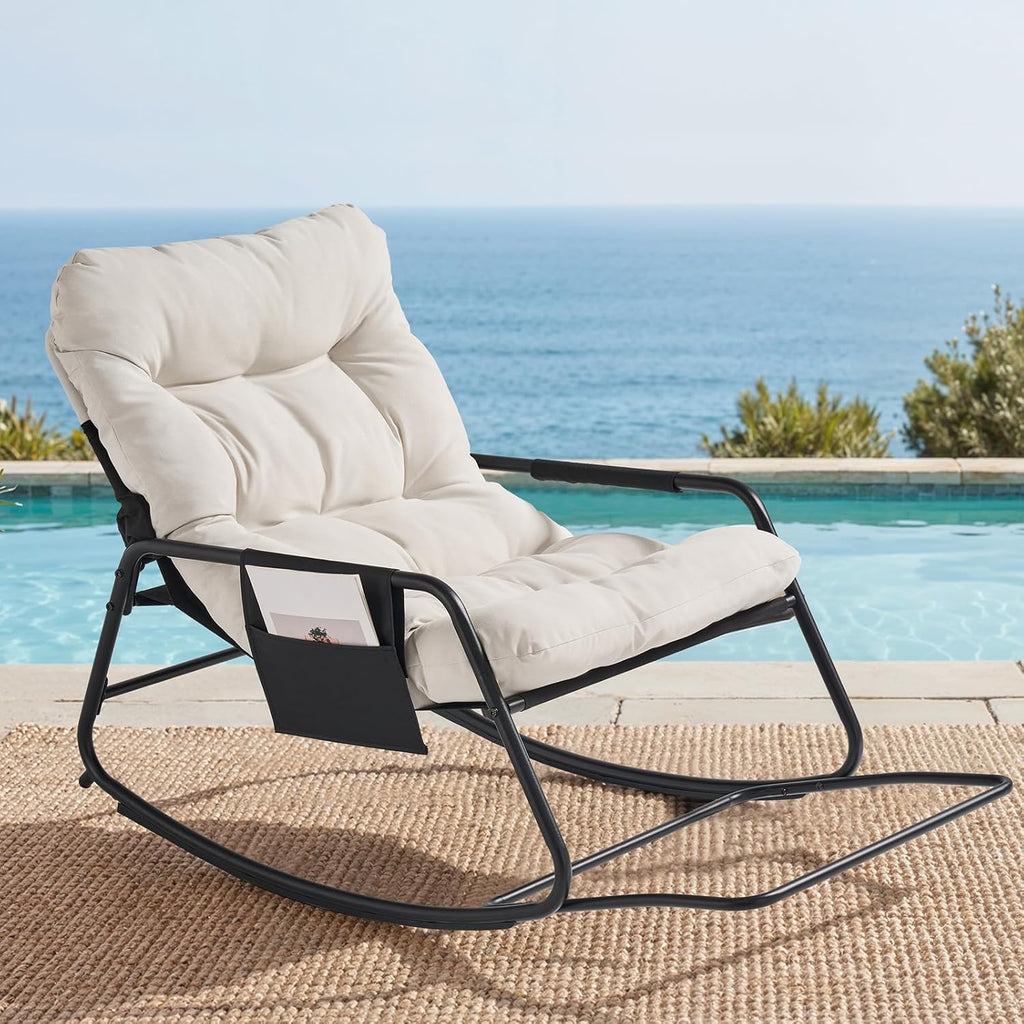 ONBRILL Adjustable Backrest Rocking Chair, Patio Rocking Chair with Cushion, Papasan Chair with Footrest, Indoor & Outdoor Rocker Chair for Living Room, Bedroom, Patio, Garden, Cream White