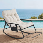 ONBRILL Adjustable Backrest Rocking Chair, Patio Rocking Chair with Cushion, Papasan Chair with Footrest, Indoor & Outdoor Rocker Chair for Living Room, Bedroom, Patio, Garden, Cream White