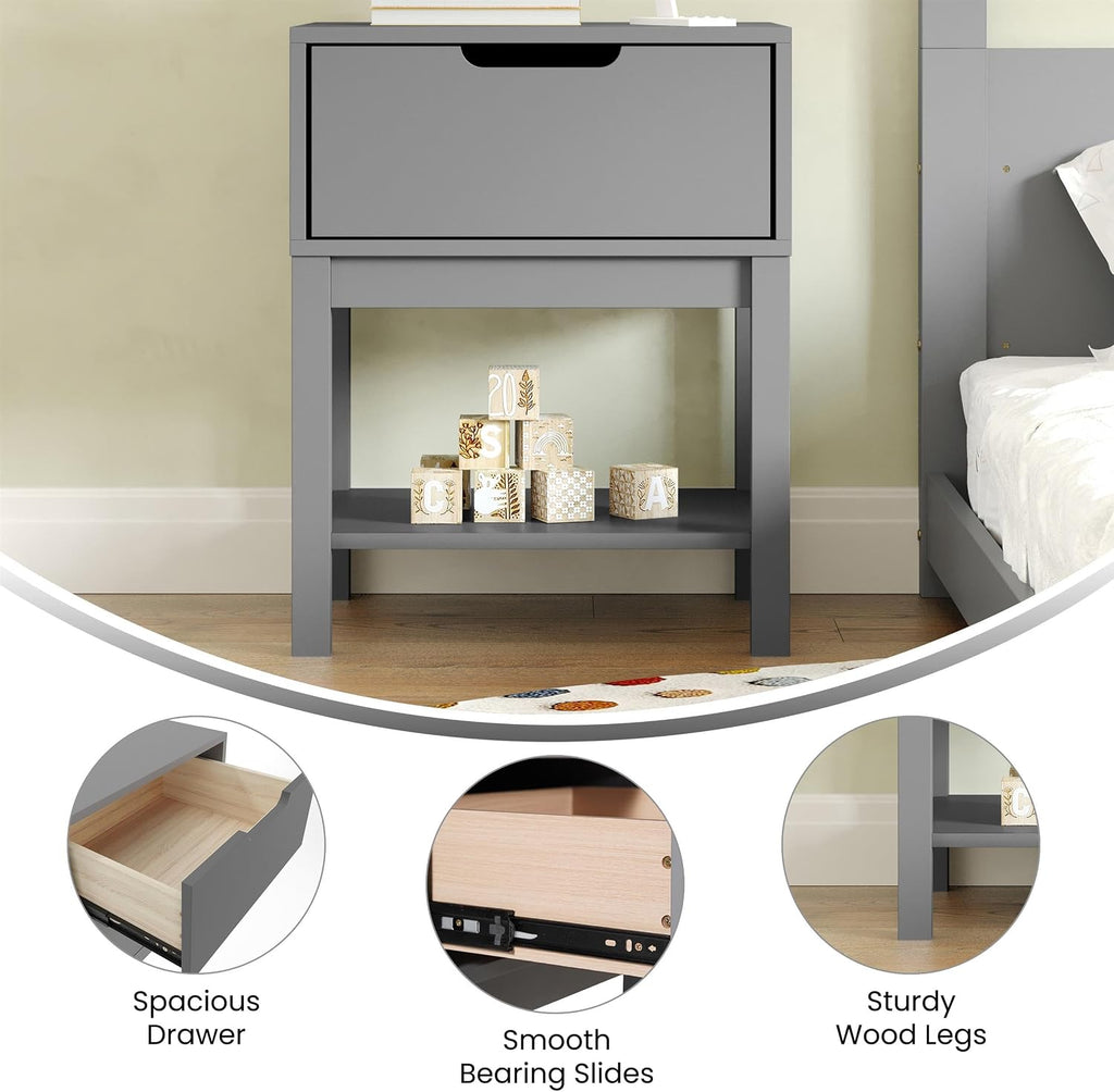 Flash Furniture Dallas Wood Nightstand Side Table, Kids Bedroom End Table with Storage Drawer and Shelf, Cutout Handle, Smooth Ball Bearing Slides, Gray