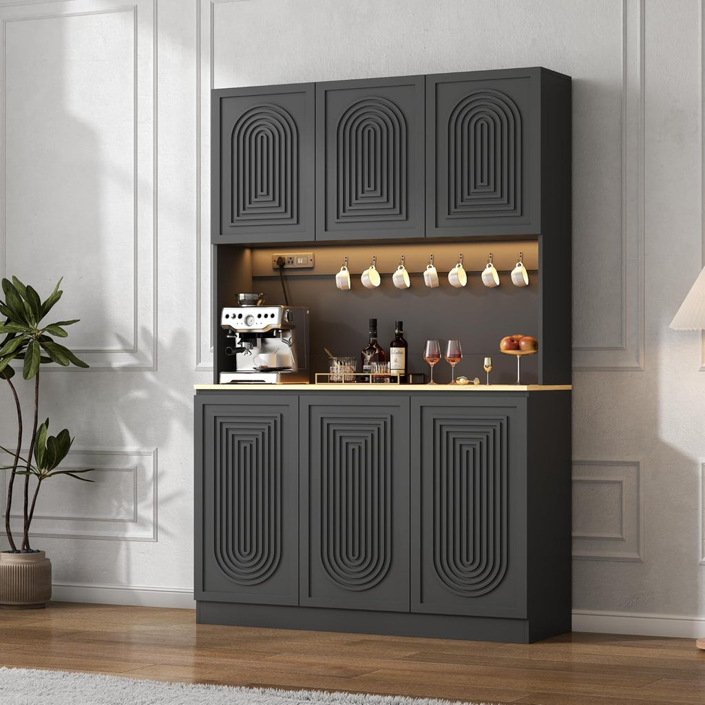 71" Black Kitchen Pantry with Power Outlet & LED Light, Large Kitchen Hutch Cabinet with Adjustable Shelf, Modern Buffet Cabinet with 6 Doors, Food Pantry Storage for Dining Room (Black 6 Doors)