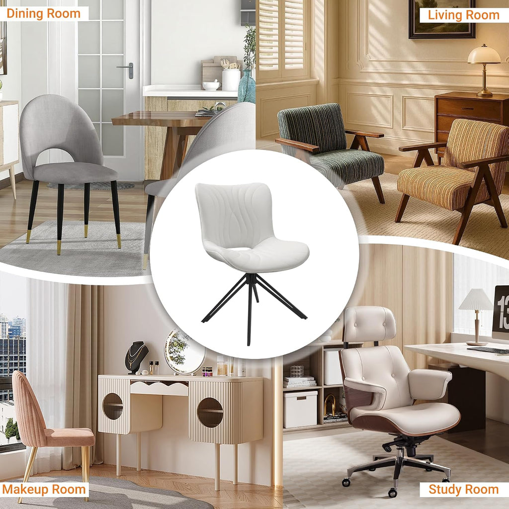 Dining Chairs Set of 2, 360° Swivel Armless Faux Leather Accent Chairs with Padded Back and Metal Legs, Mid-Century Modern Kitchen, Dining Room, Living Room, Bedroom White