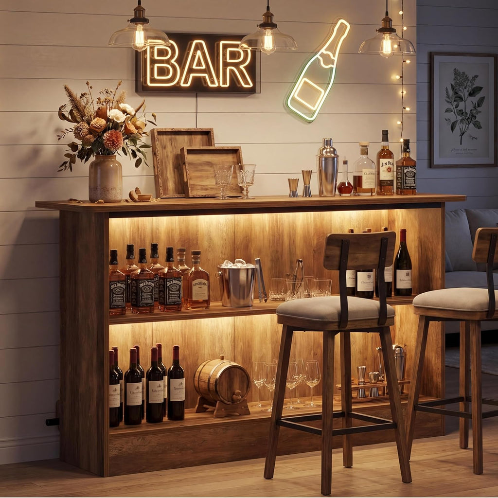Tribesigns 63" Wooden Bar Table, Farmhouse Home Bar Unit with 2-Tier Storage Shelves and Metal Footrest, Small Bar Cabinet for Kitchen, Dining Room, Bistro (Brown)