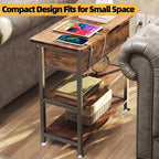 TooCust Flip Top End Table with Charging Station Set of 2, 12" D×21" W×26" H Small Side Tables with Storage & Shelves, Compact Side Table for Small Spaces, End Tables Living Room Set of 2, Brown
