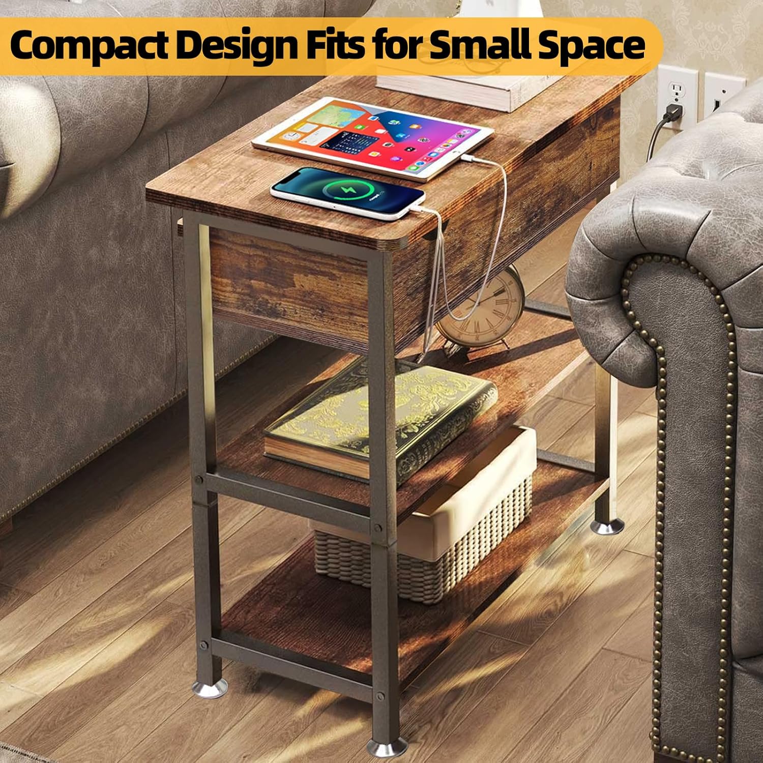 TooCust Flip Top End Table with Charging Station Set of 2, 12" D×21" W×26" H Small Side Tables with Storage & Shelves, Compact Side Table for Small Spaces, End Tables Living Room Set of 2, Brown