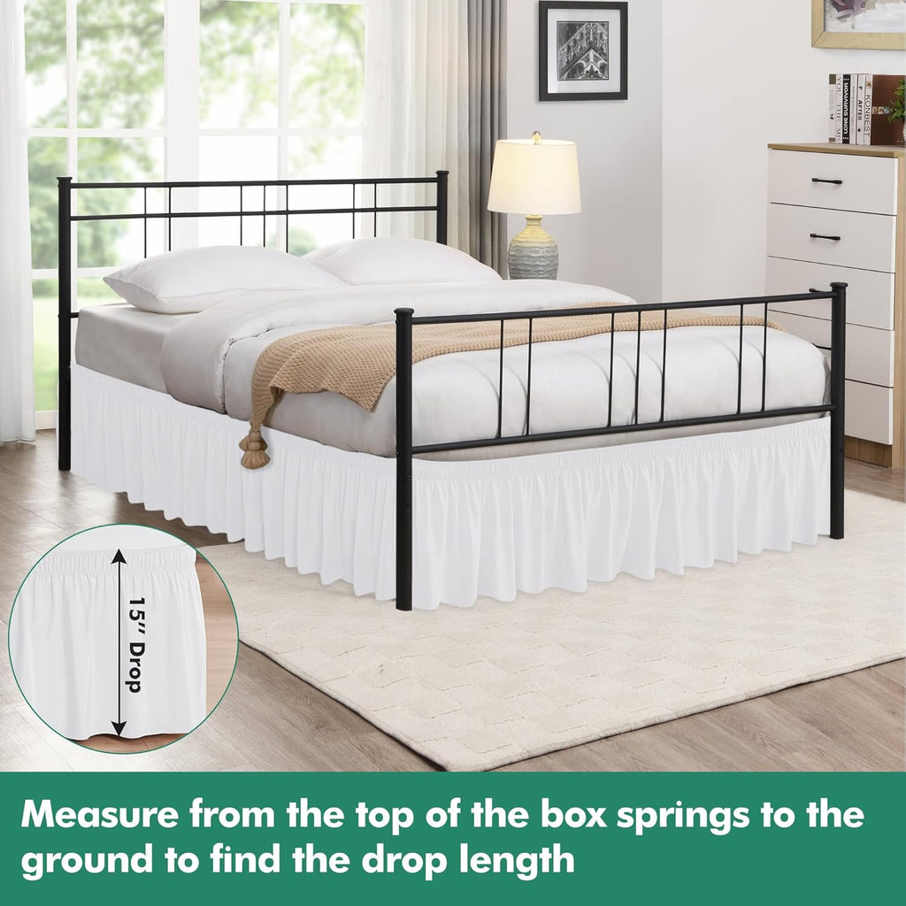 Biscaynebay Wrap Around Bed Skirts with Split Corners for Queen Beds 15" Drop, White Adjustable Elastic Dust Ruffles Easy Fit Wrinkle Resistant Silky Luxurious Fabric Machine Washable
