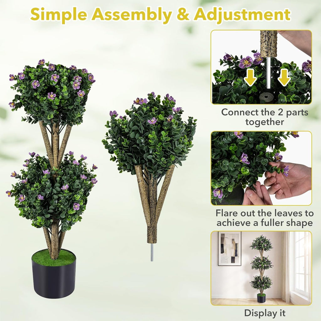 Goplus 51" Artificial Triple Ball Boxwood Topiary Tree, Faux Bush Plant with 59 Blossoms, Cement-Filled Plastic Pot, Sun-Resistant Indoor Outdoor Fake Greenery for Porch Home Decoration Housewarming